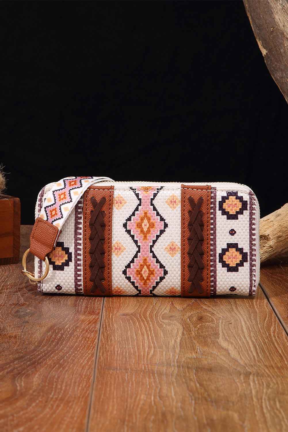 White Western Aztec Print PU Leather Wristlet Wallet