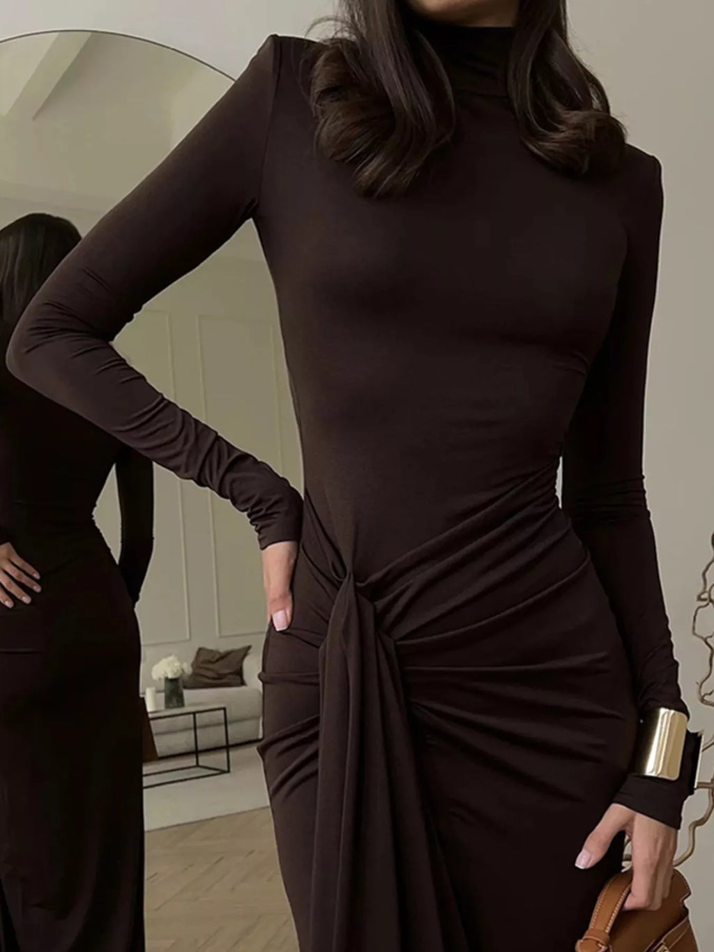 Turtleneck Long Sleeve Slit Maxi Dress by Shopiebay