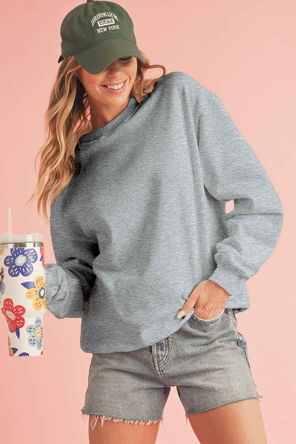 Light Grey Solid Loose Crew Neck Fleece Sweatshirt