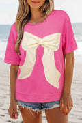 Strawberry Pink Contrasting Color Ribbon Bow Front Patch Loose Tee with Slits