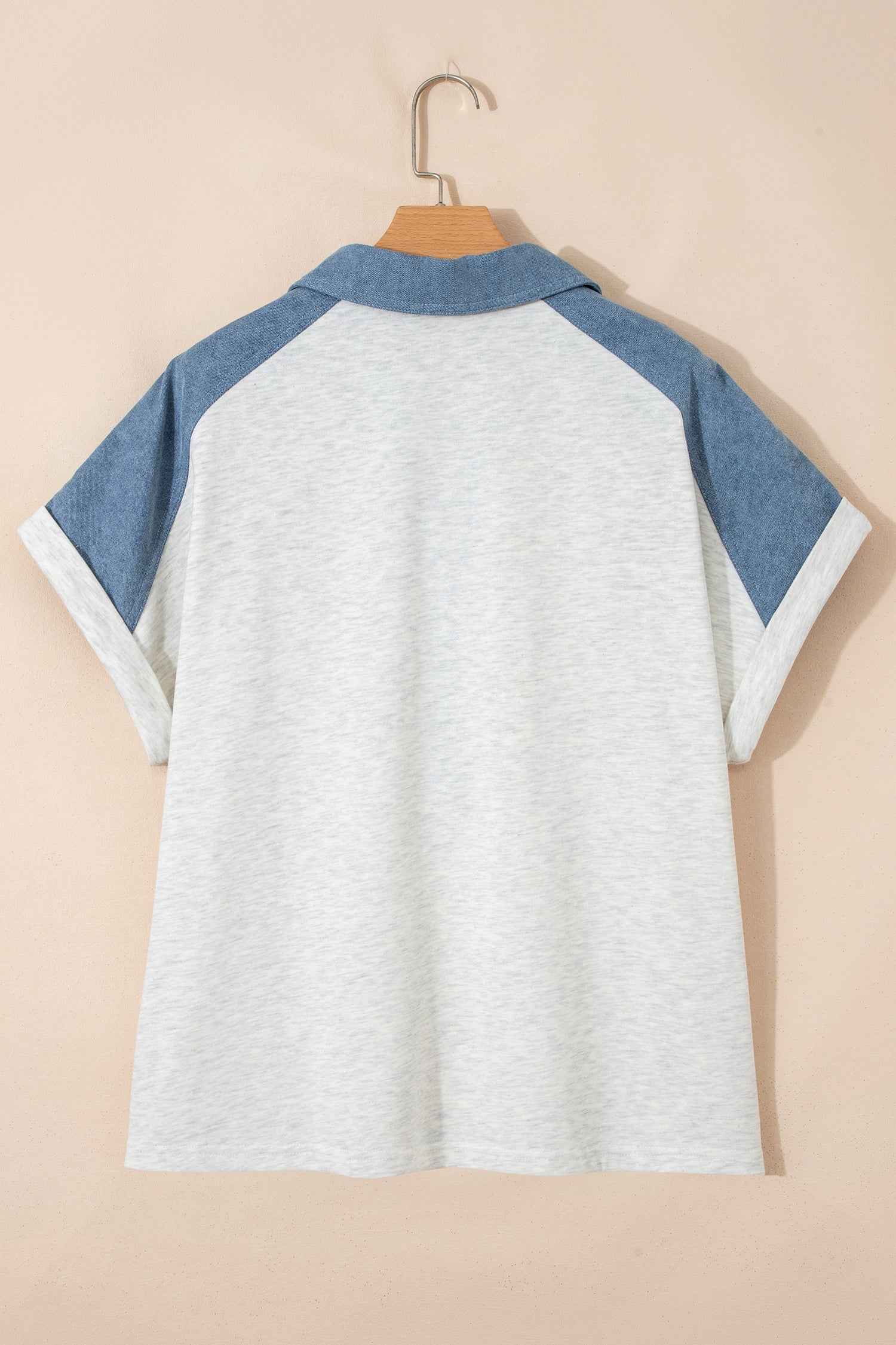 Beige Plus Size Contrast Denim Patchwork Cuffed Sleeve Polo Tee