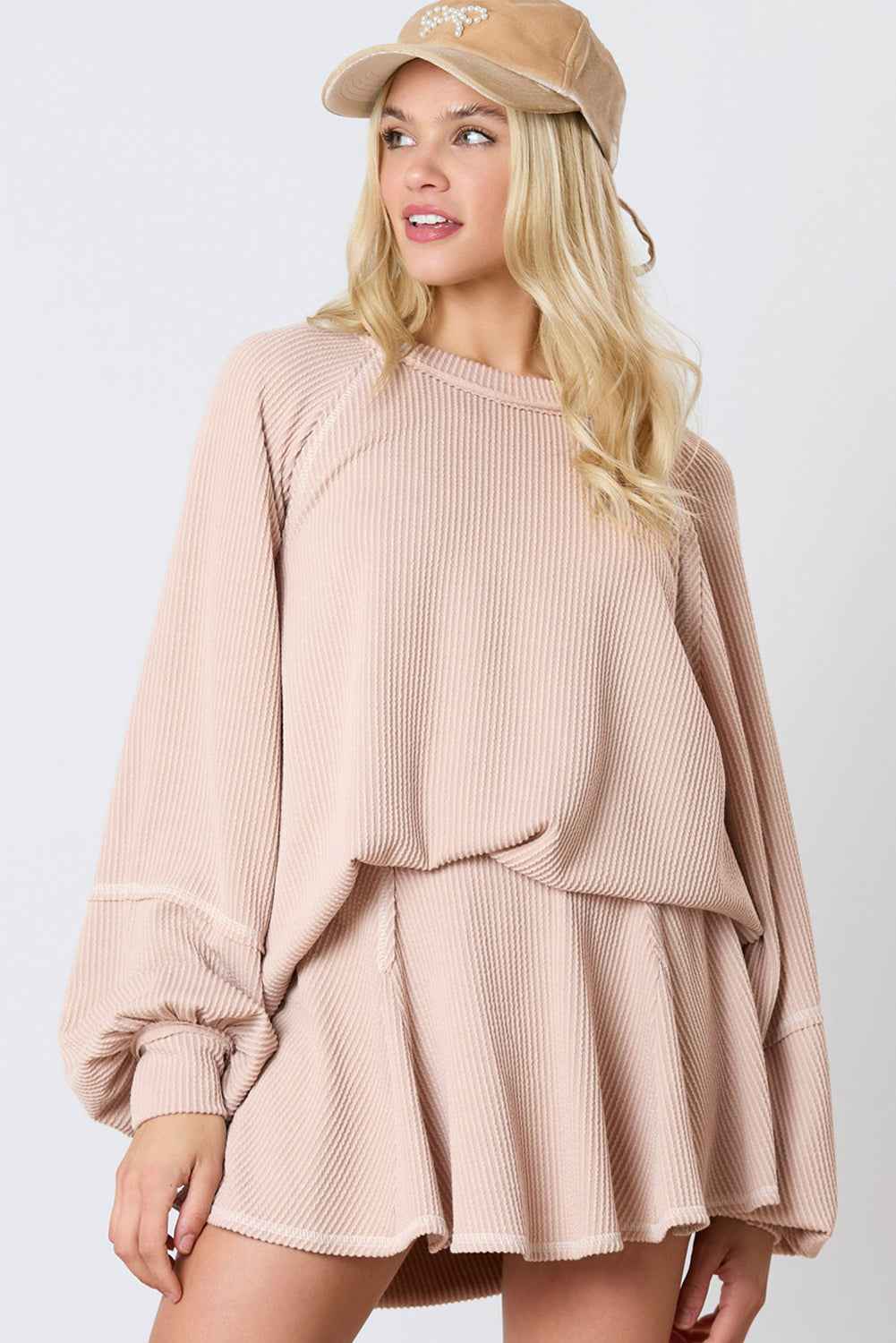 Jet Stream Corded Lantern Sleeve Top High Waist Ruffled Mini Skirt Set