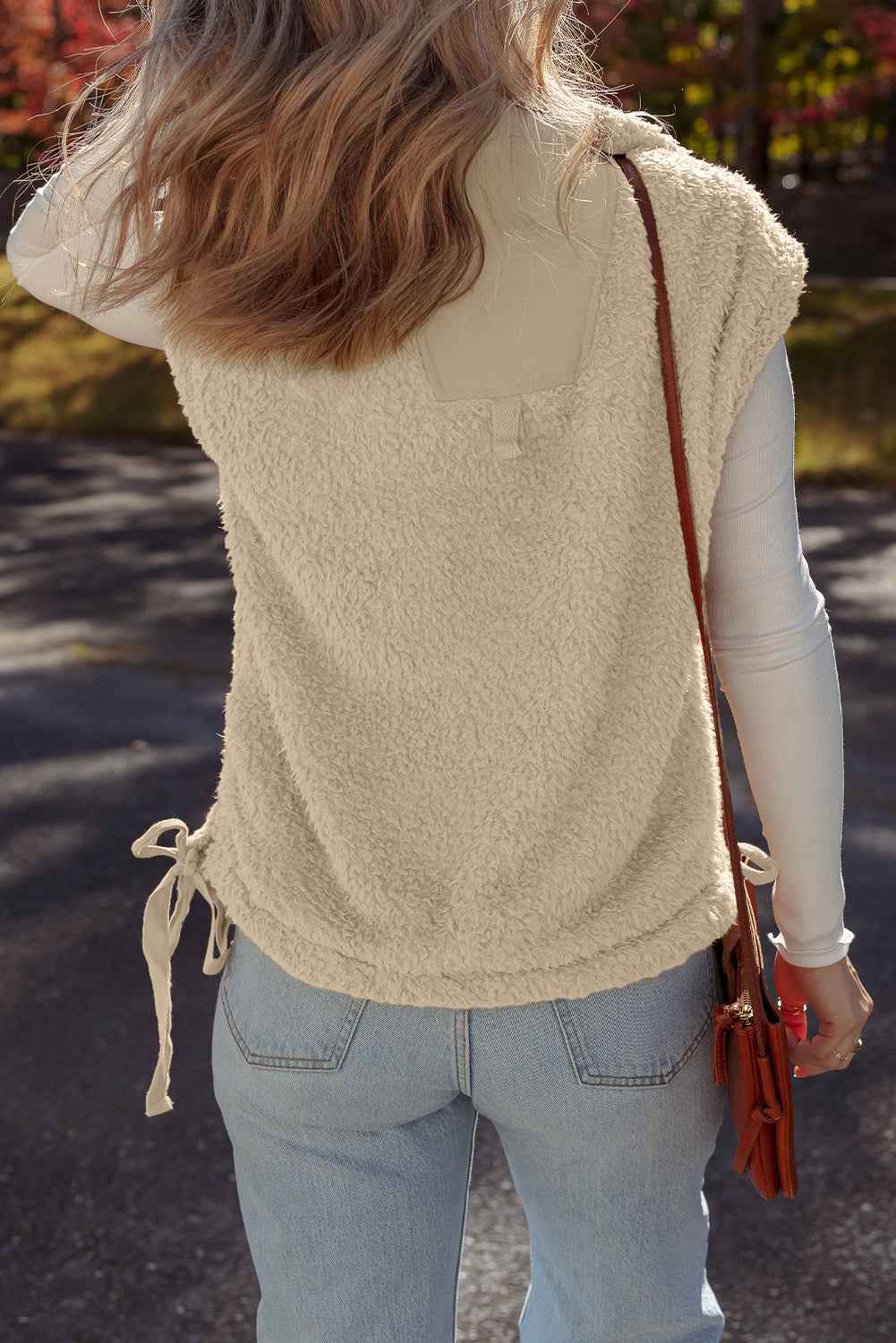 Beige Faux Fur Snap Button Front Knot Side Plush Vest with Pockets