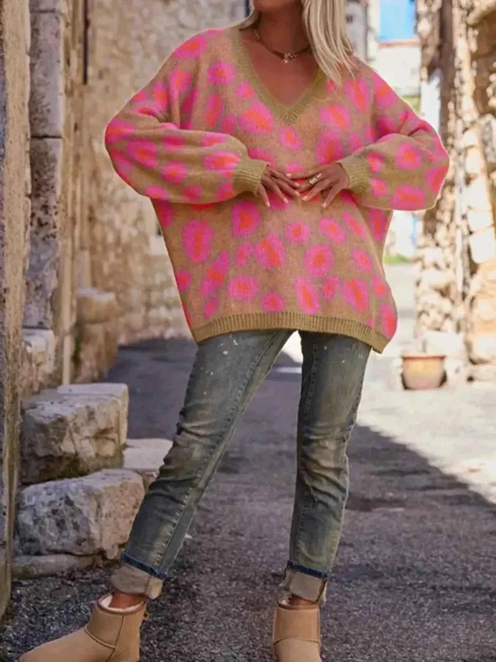 Leopard Oversized V-Neck Sweater