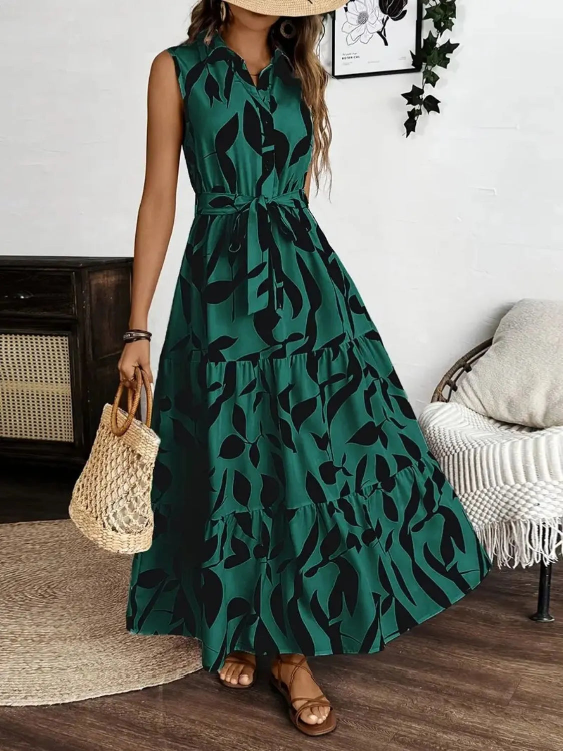 Printed Tie Waist Sleeveless Maxi Dress by Shopiebay
