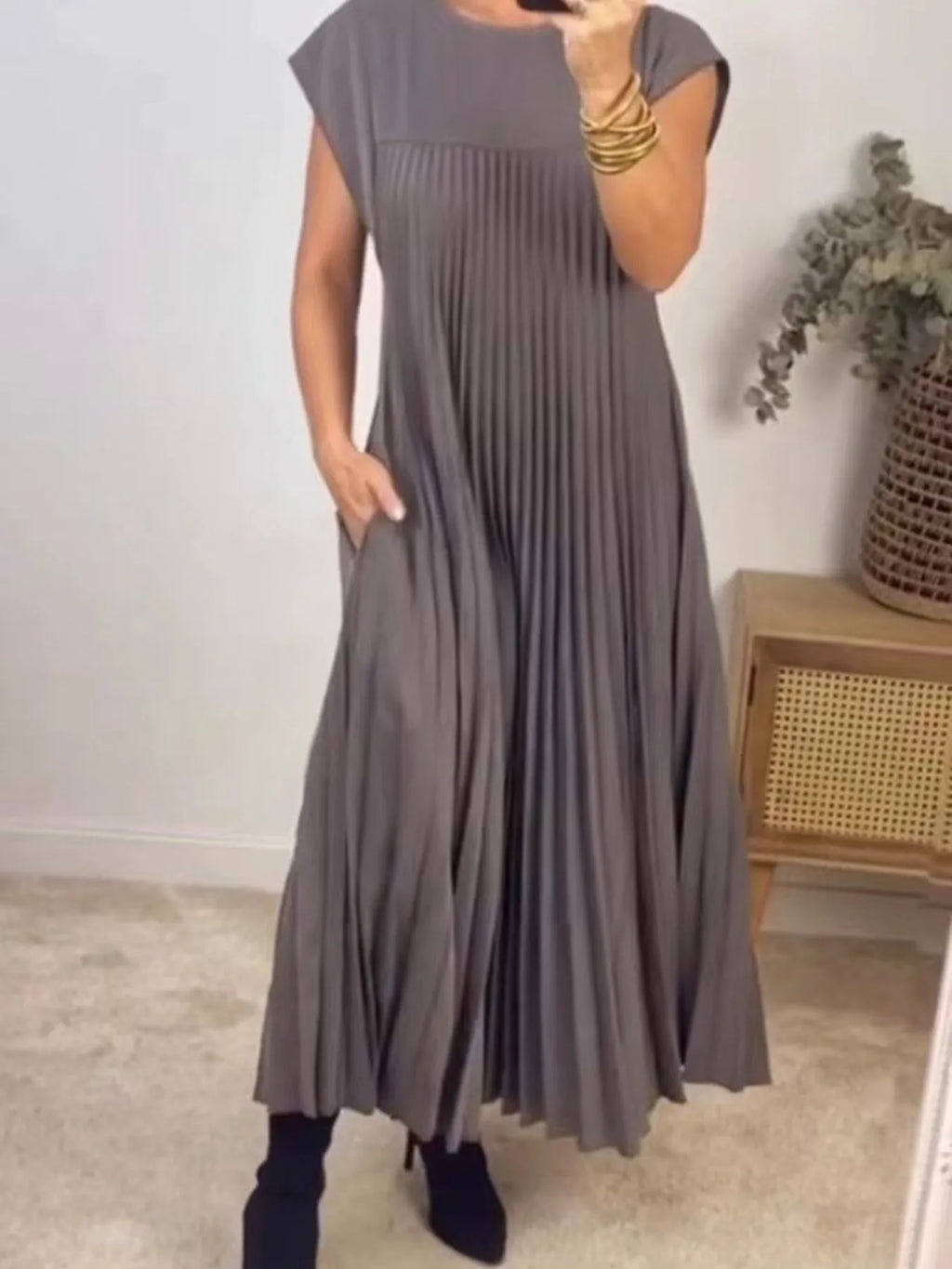 Pleated Round Neck Maxi Dress by Shopiebay