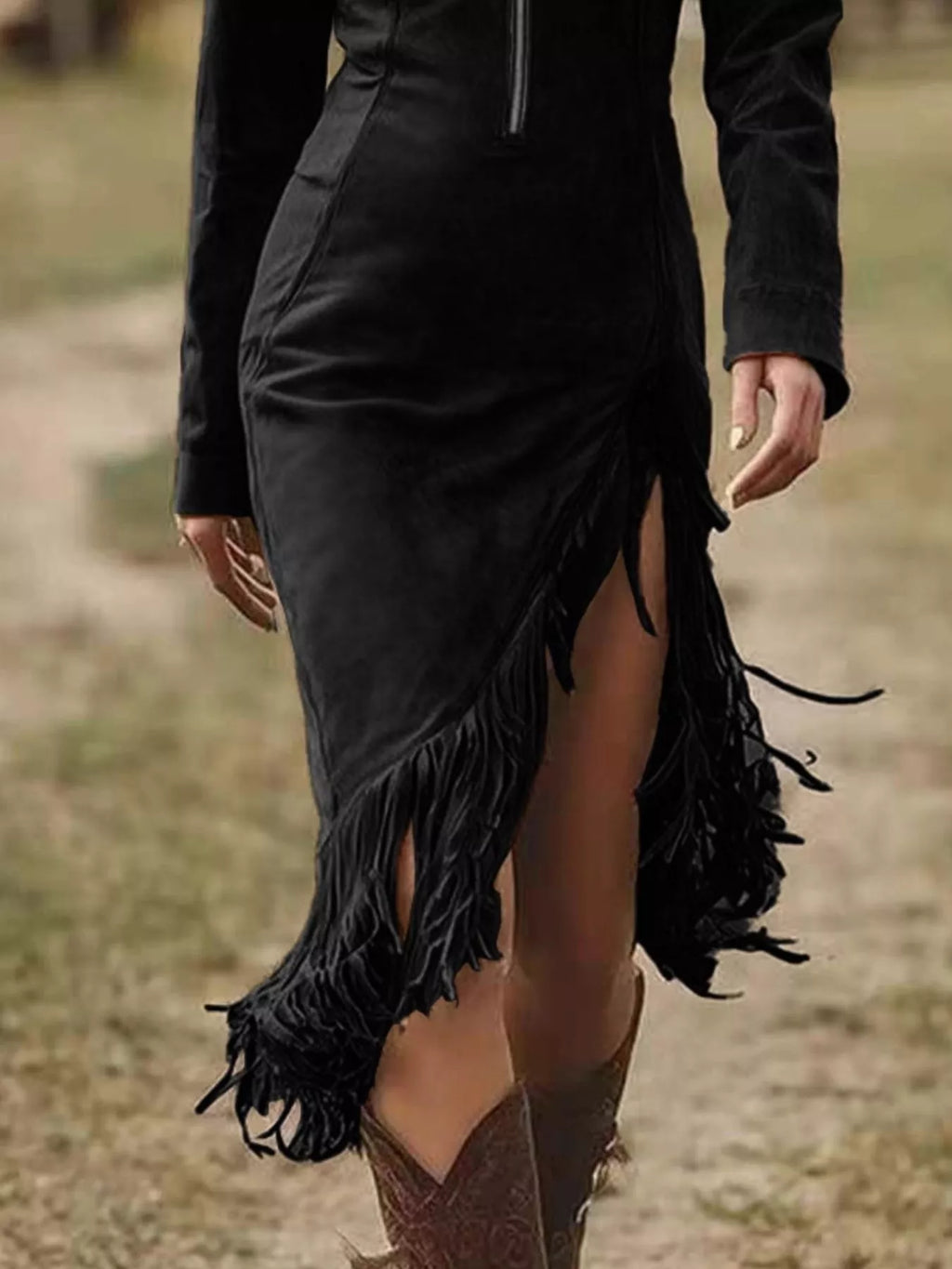 Fringe Hem Zip Front Bodycon Dress by Shopiebay