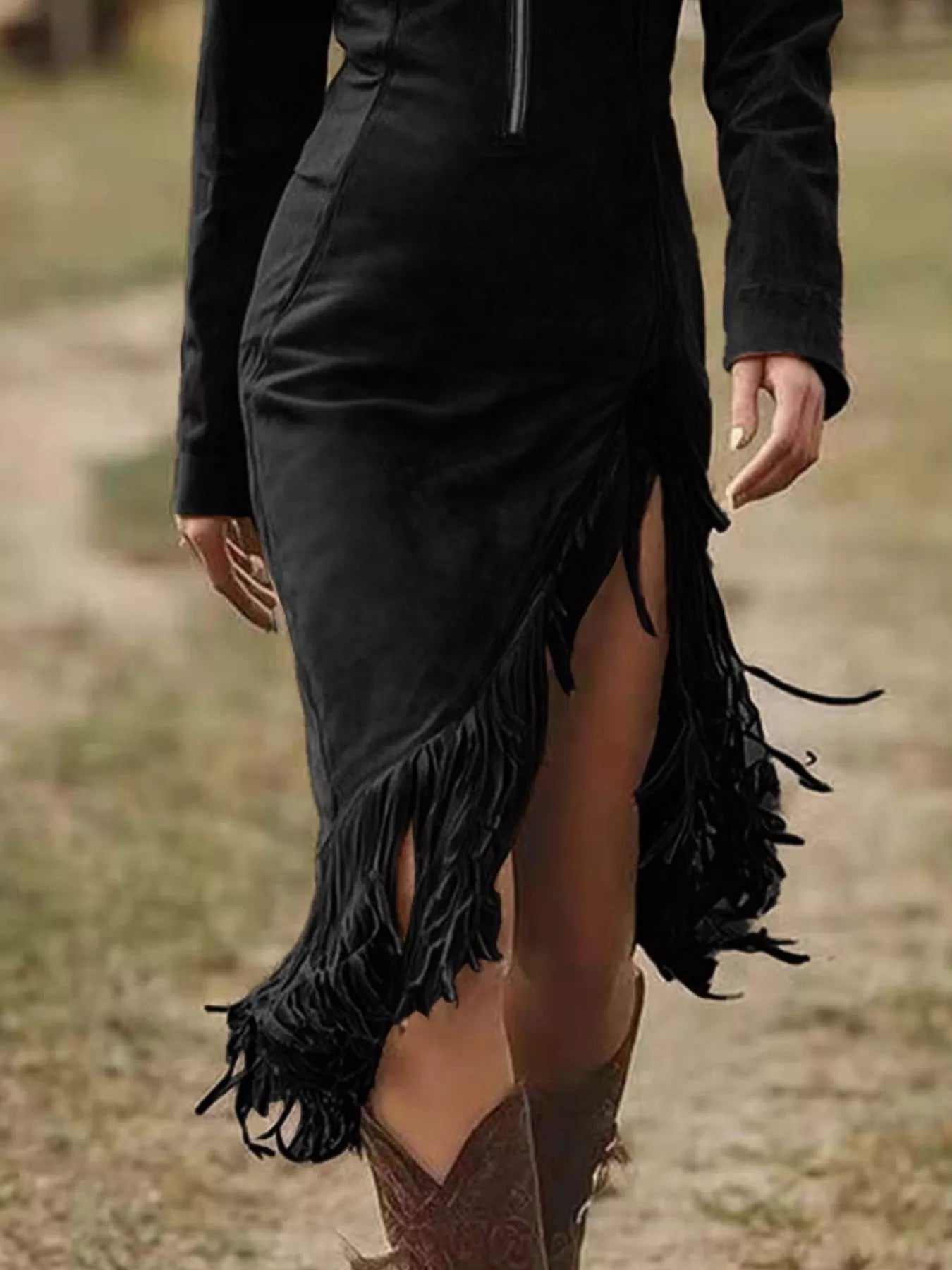 Fringe Hem Zip Front Bodycon Dress by Shopiebay