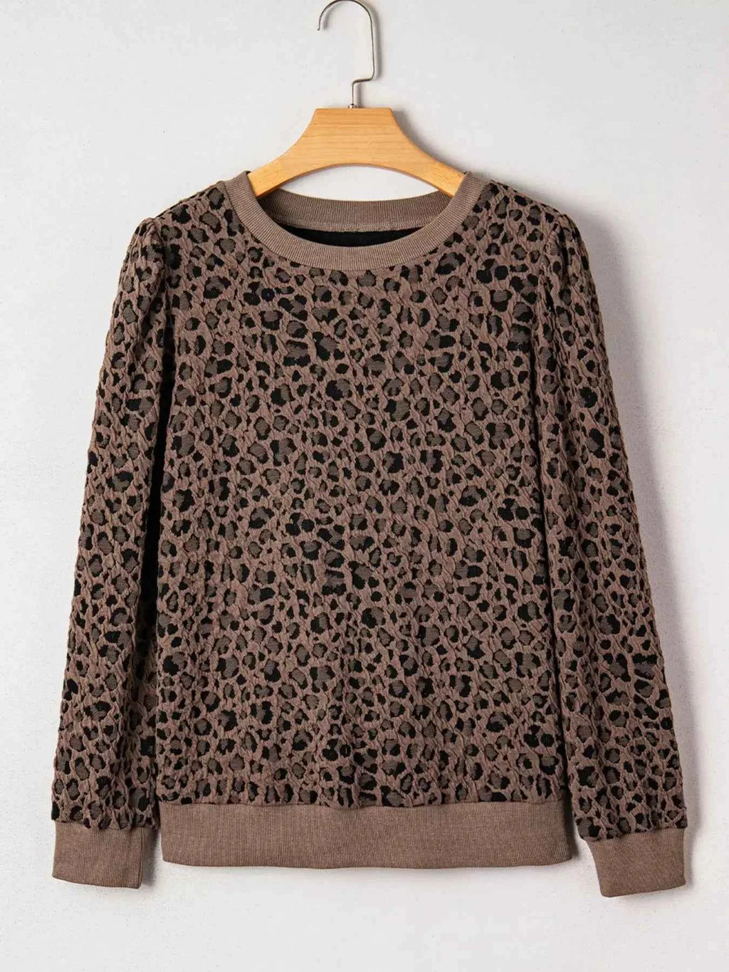 Ribbed Trim Leopard Print Long Sleeve Top