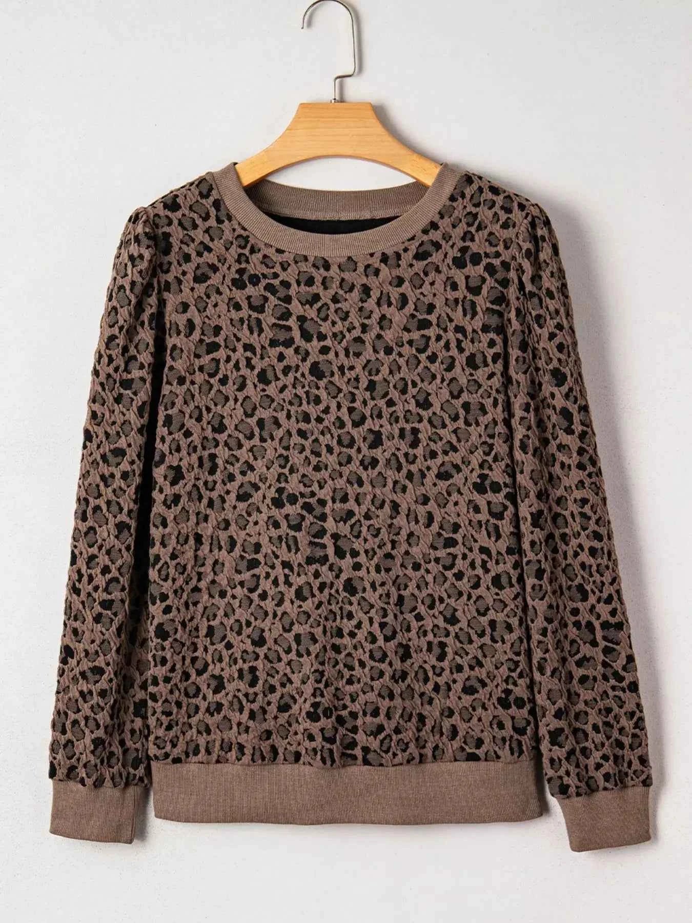 Ribbed Trim Leopard Print Long Sleeve Top