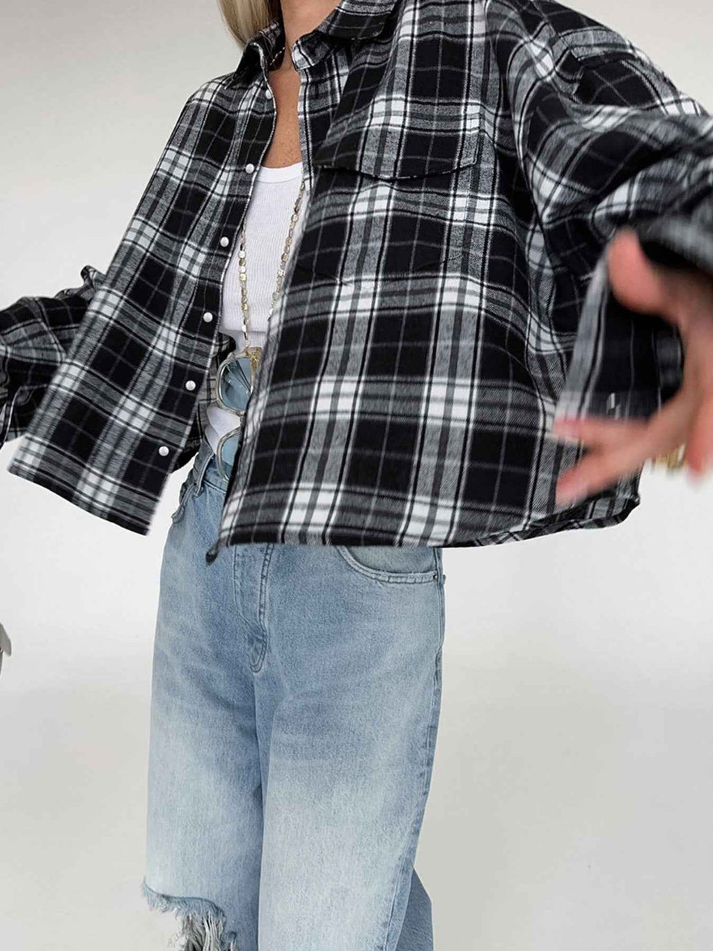 Black Oversized Plaid Button Up Shirt