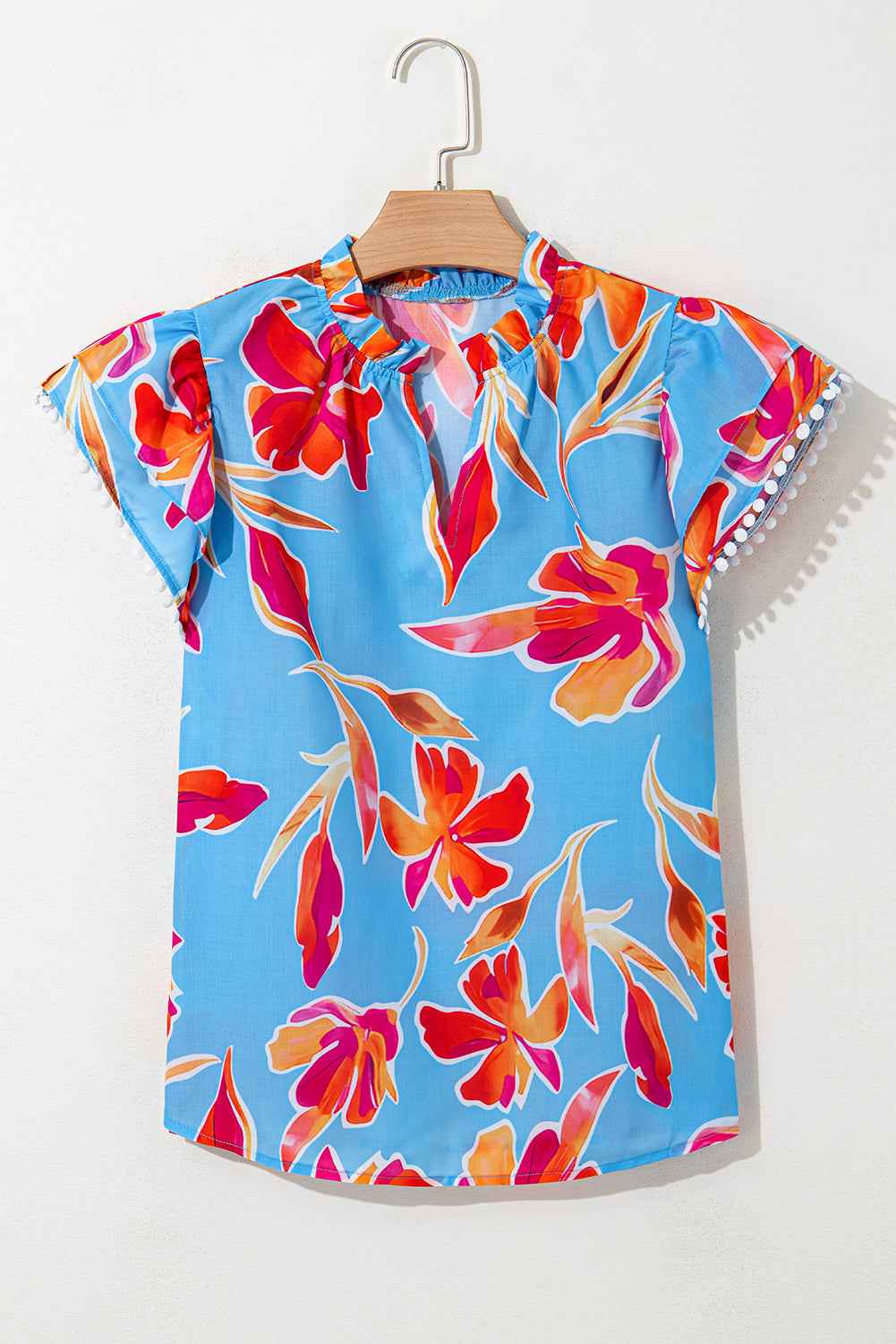 Sky Blue Floral Print V Neck Pompom Trim Flutter Sleeve Blouse