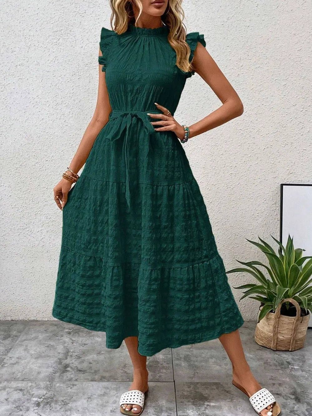 Tied Ruffled Cap Sleeve Midi Dress by Shopiebay
