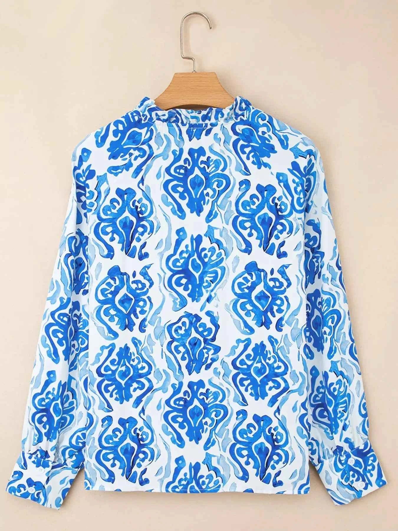 Printed Tie Split Neck Button Front Puff Sleeve Top
