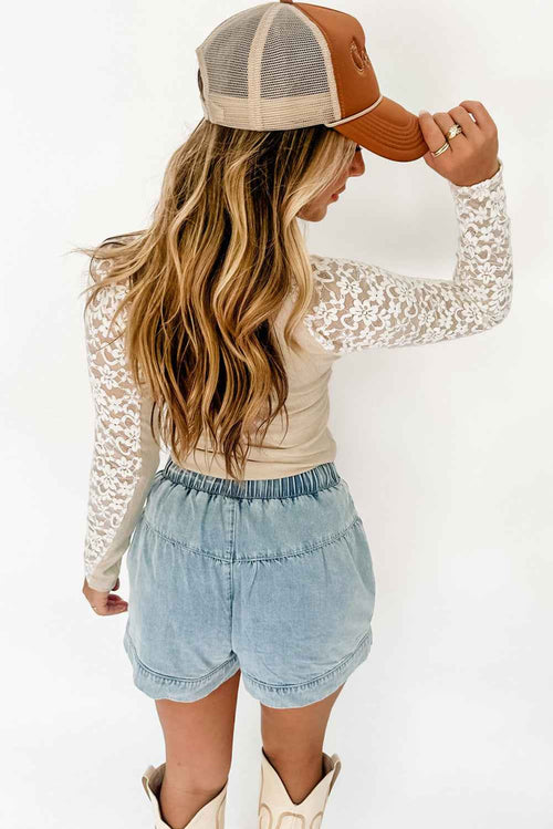 Beige Floral Lace Patchwork Long Sleeve High Neck Slim Top by Wild and Free Boutique