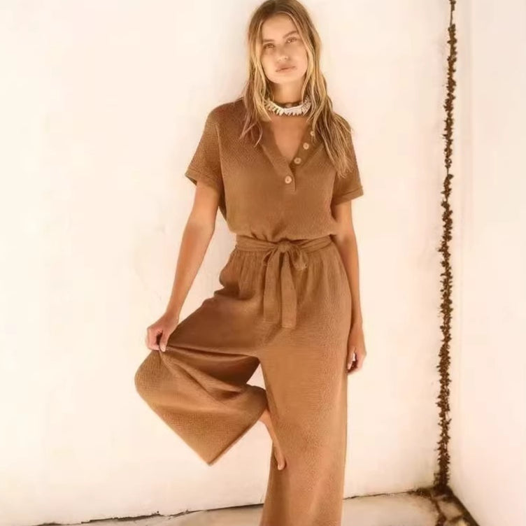 Women's Loose V-Neck Lace-Up Jumpsuit – Wide-Leg Pocket One-Piece