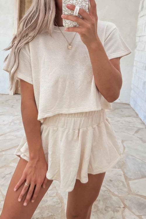Beige 2pcs Cropped Tee and Ruffle High Waist Skort Set by Wild and Free Boutique