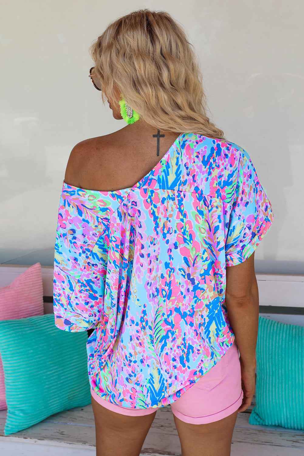 Pastel Blue Abstract Floral Print Short Sleeve V Neck T Shirt