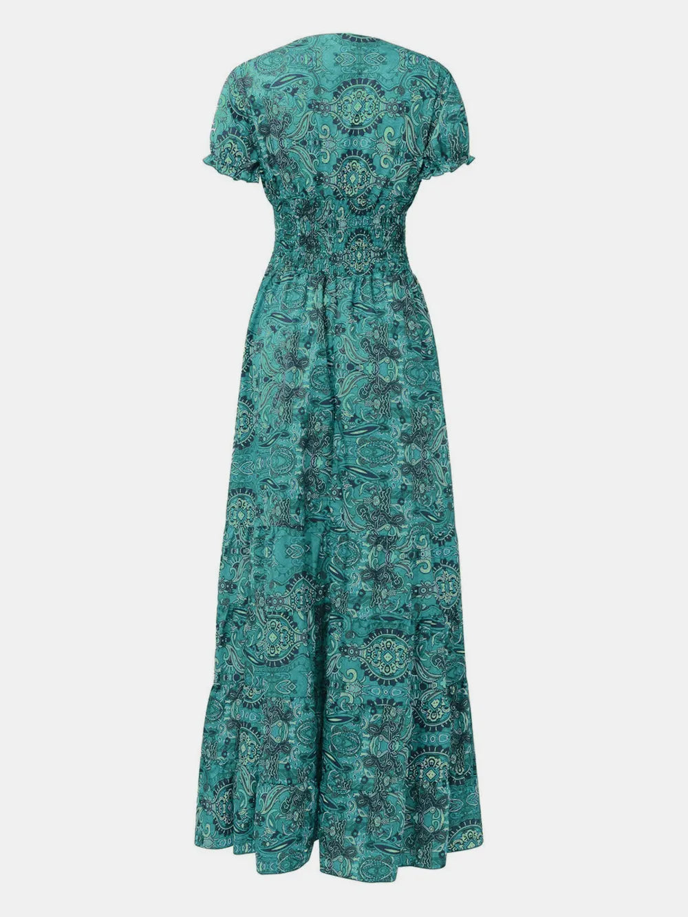 Smocked Printed V-Neck Short Sleeve Dress by Shopiebay