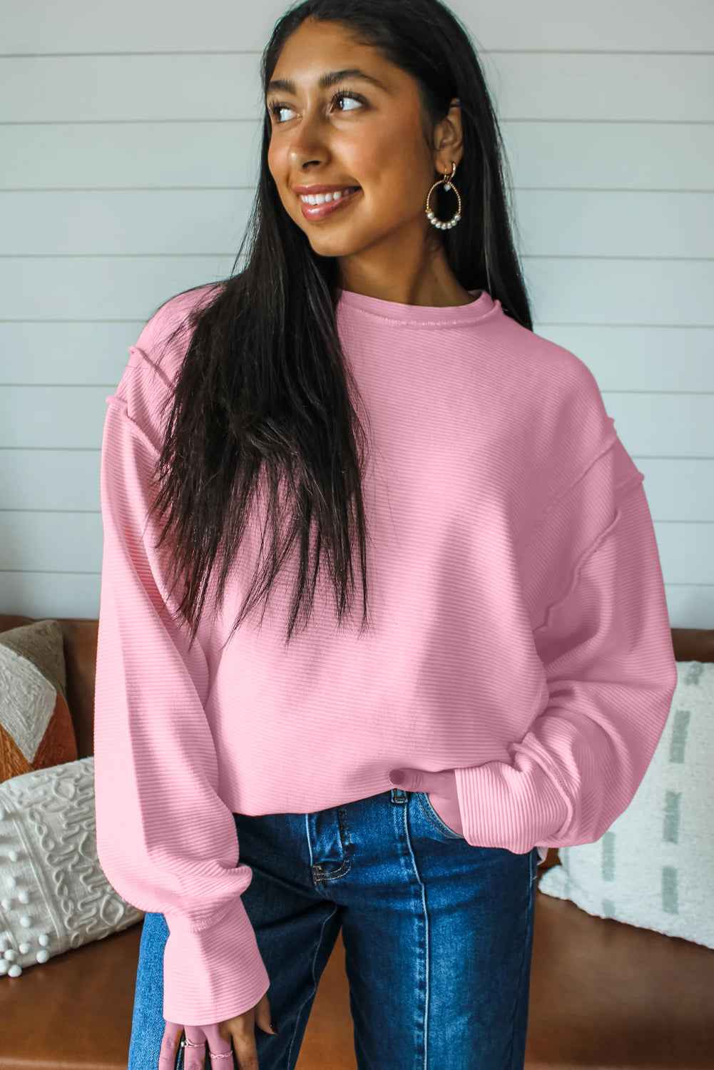 Pink Horizontal Ribbed Exposed Seam Detail Drop Shoulder Baggy Pullover