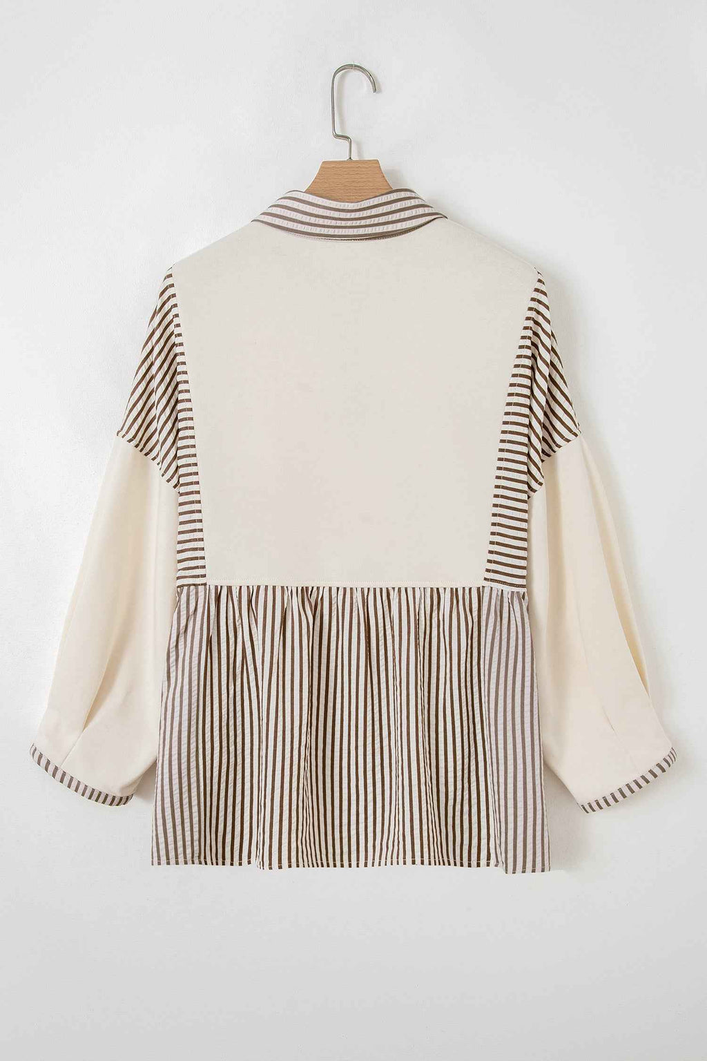 Khaki Stripe Plus Size Color Block Patchwork Half Button Long Sleeve Peplum Blouse