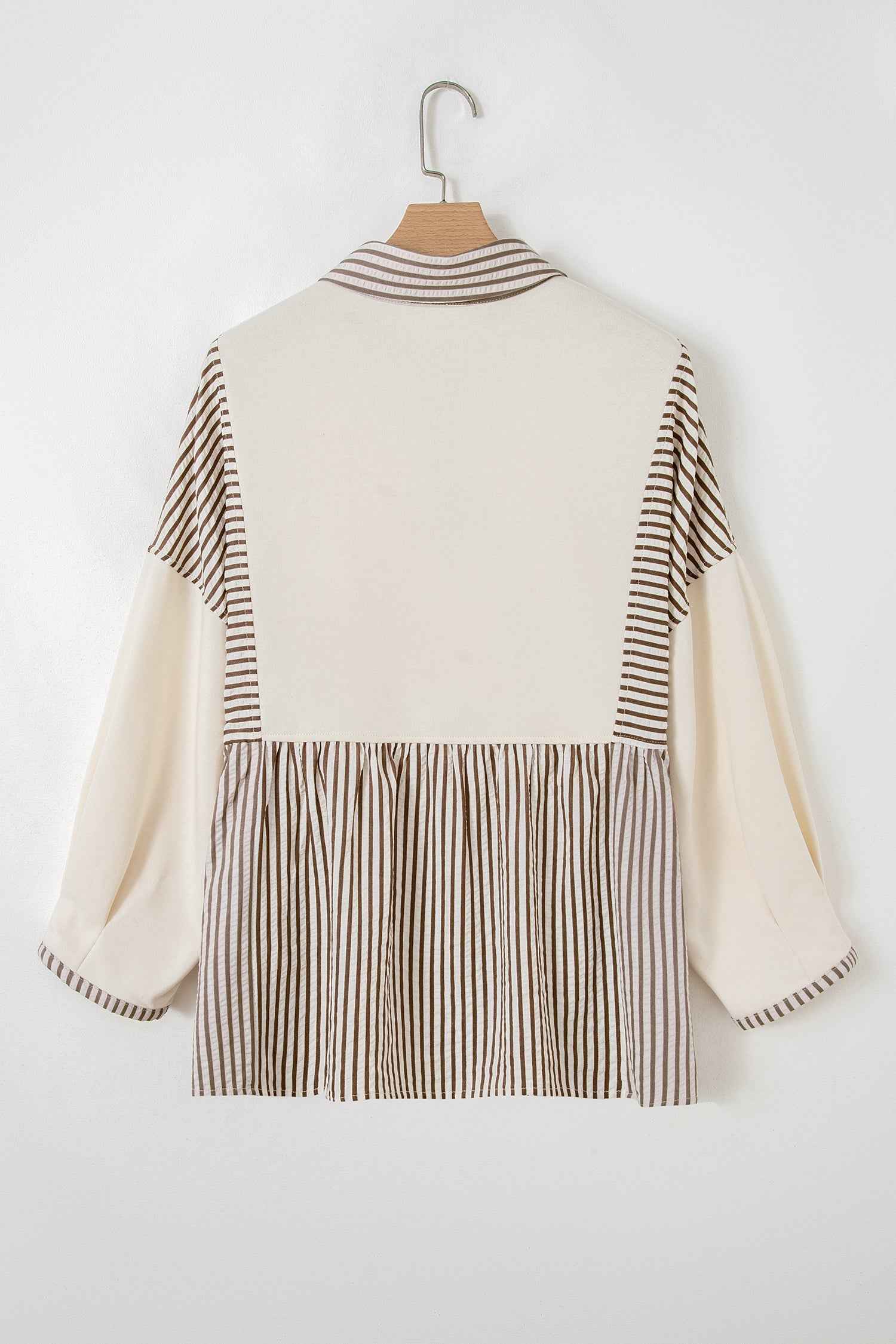 Khaki Stripe Plus Size Color Block Patchwork Half Button Long Sleeve Peplum Blouse