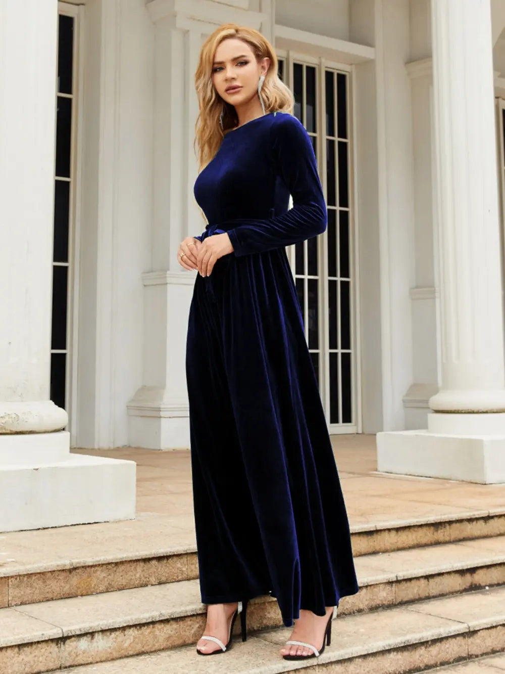 Tie Front Round Neck Long Sleeve Maxi Dress by Shopiebay