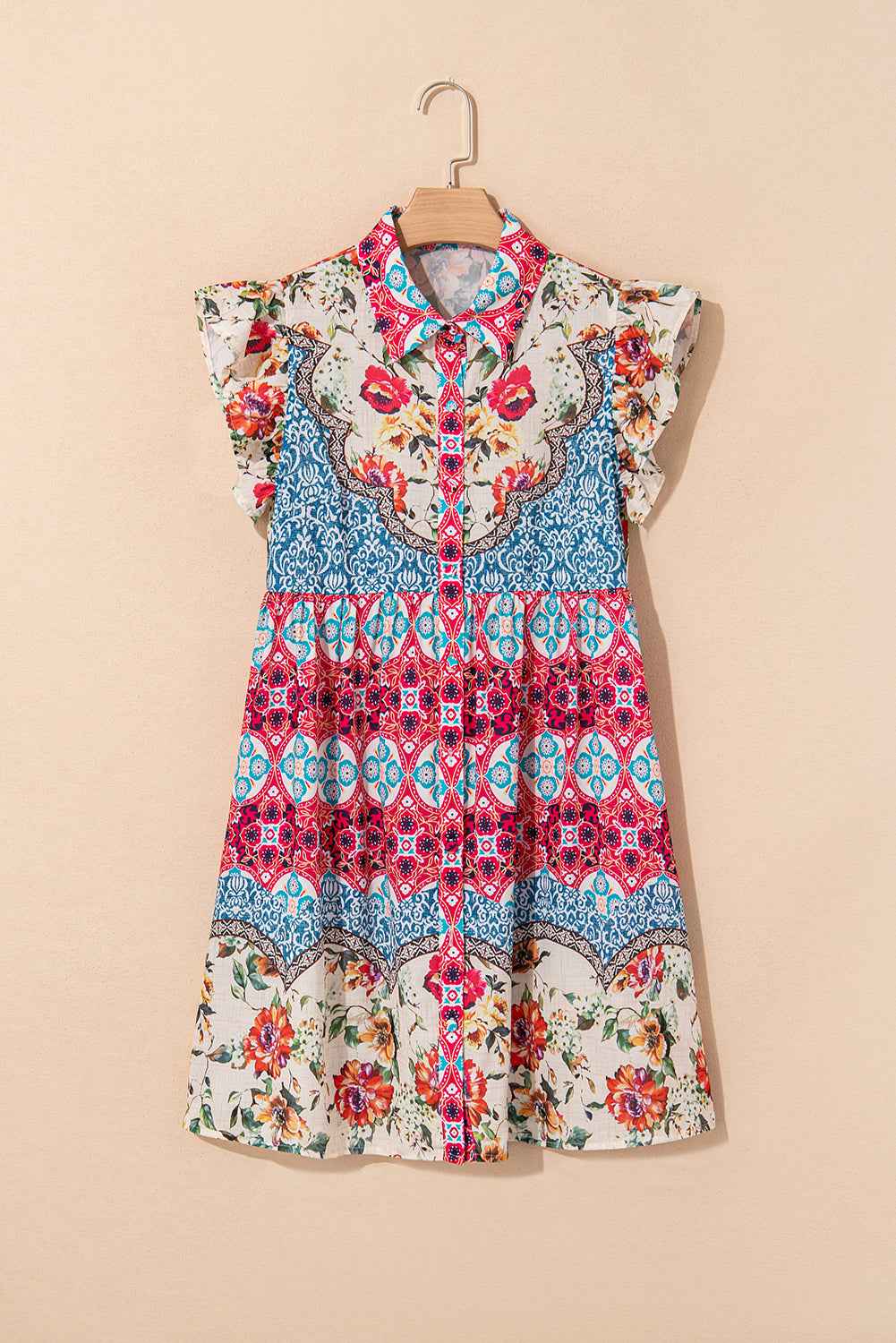 Rose Floral Mixed Pattern Ruffle Flutter Sleeve Buttoned Dress