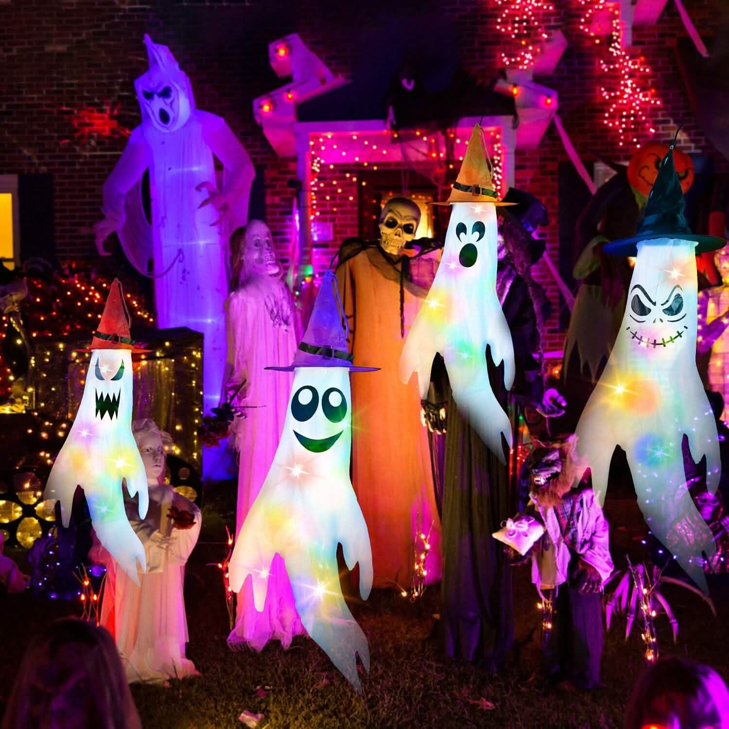 4-Pieces: Halloween Ghosts with Witch Hats Windsocks Hanging Decoration with Colorful LED Light by DailySale
