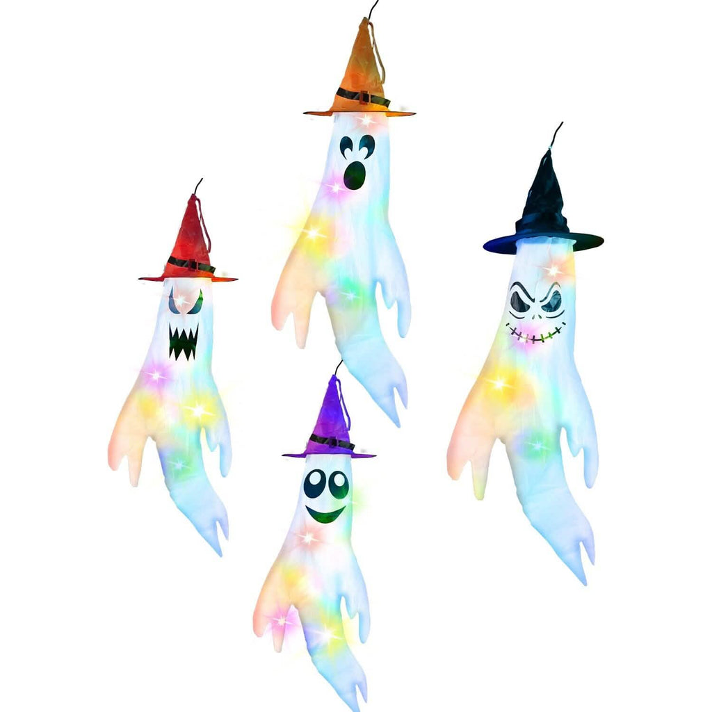 4-Pieces: Halloween Ghosts with Witch Hats Windsocks Hanging Decoration with Colorful LED Light by DailySale
