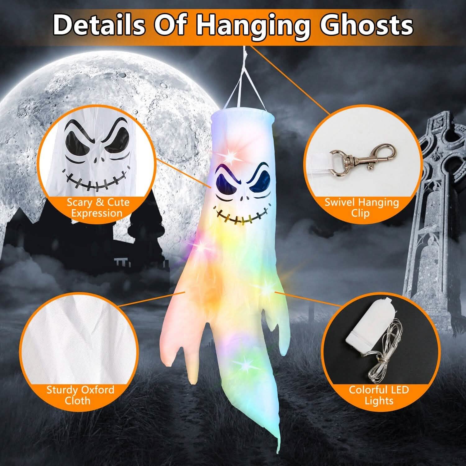 4-Pieces: Halloween Ghosts with Witch Hats Windsocks Hanging Decoration with Colorful LED Light by DailySale