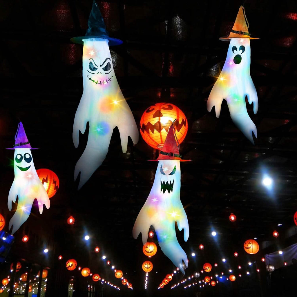 4-Pieces: Halloween Ghosts with Witch Hats Windsocks Hanging Decoration with Colorful LED Light by DailySale