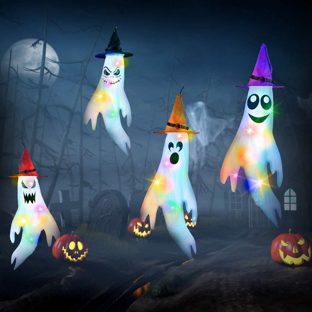 4-Pieces: Halloween Ghosts with Witch Hats Windsocks Hanging Decoration with Colorful LED Light by DailySale