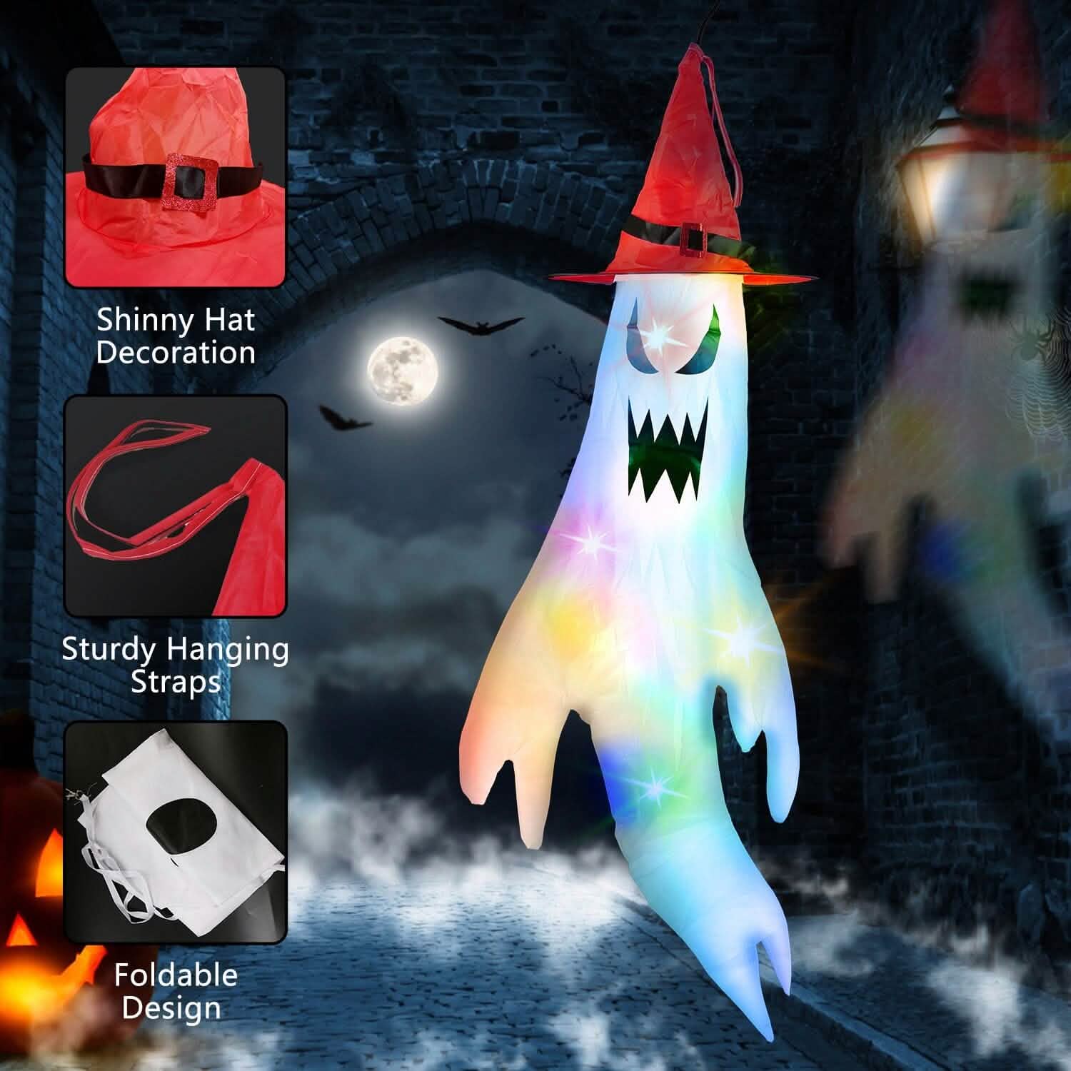 4-Pieces: Halloween Ghosts with Witch Hats Windsocks Hanging Decoration with Colorful LED Light by DailySale