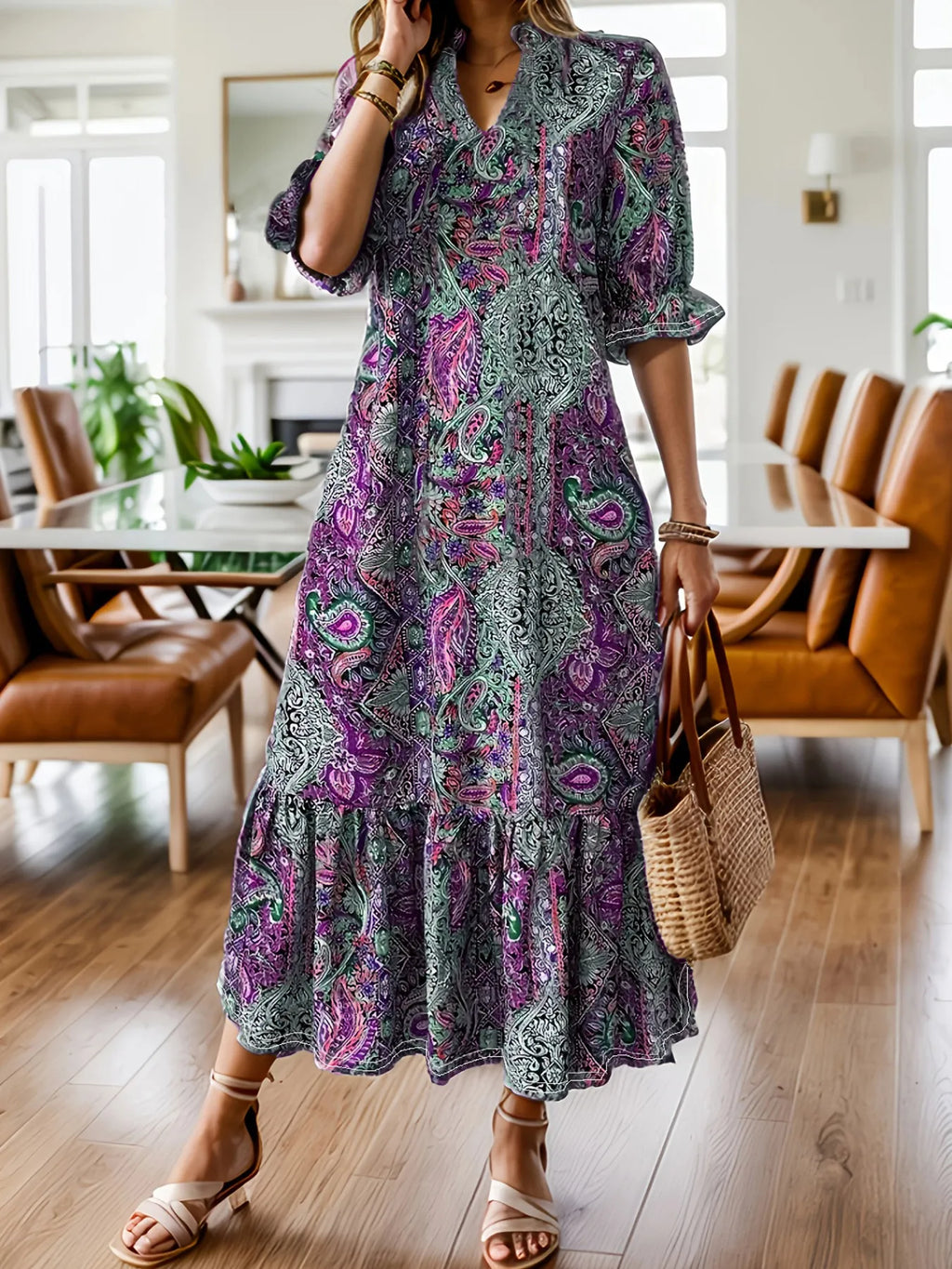 Bohemian Paisley Print Ruffle Hem Midi Dress by Shopiebay