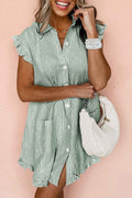 Green Stripe Frill Trim Pocket Button Up Mini Dress