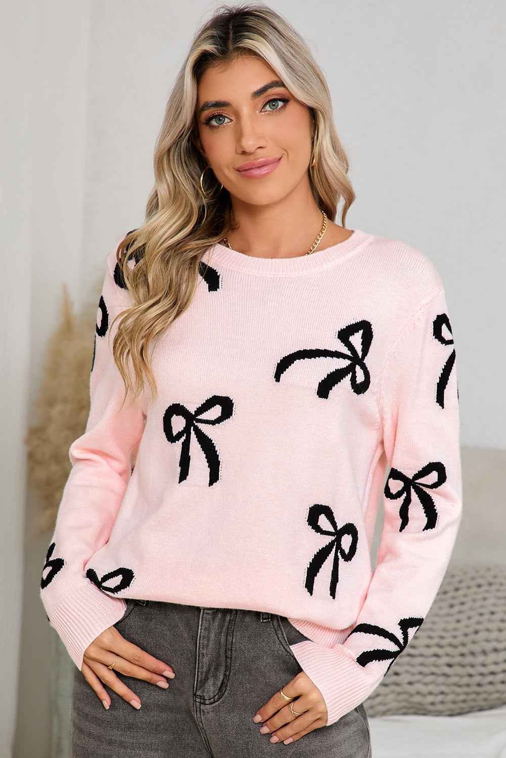 Light Pink Bow Print Long Sleeve Loose Fit Sweater