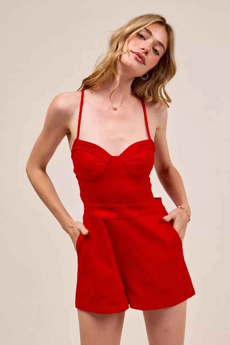 SO ME Fitted Open Back Game Day Romper with Lace Up Deta