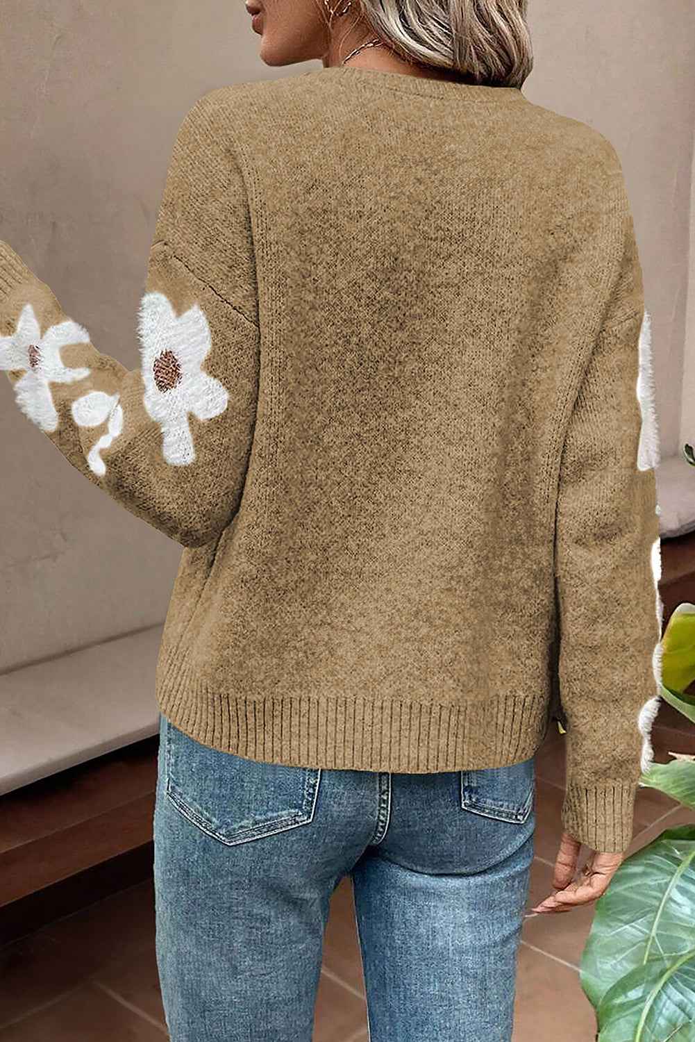 Moss Green Flower Sleeve Drop Shoulder Sweater