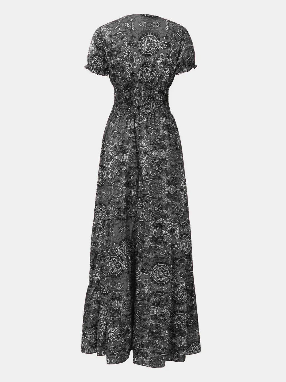 Smocked Printed V-Neck Short Sleeve Dress by Shopiebay
