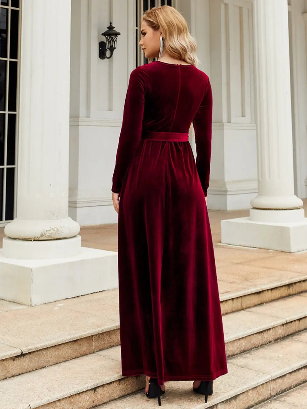 Tie Front Round Neck Long Sleeve Maxi Dress by Shopiebay
