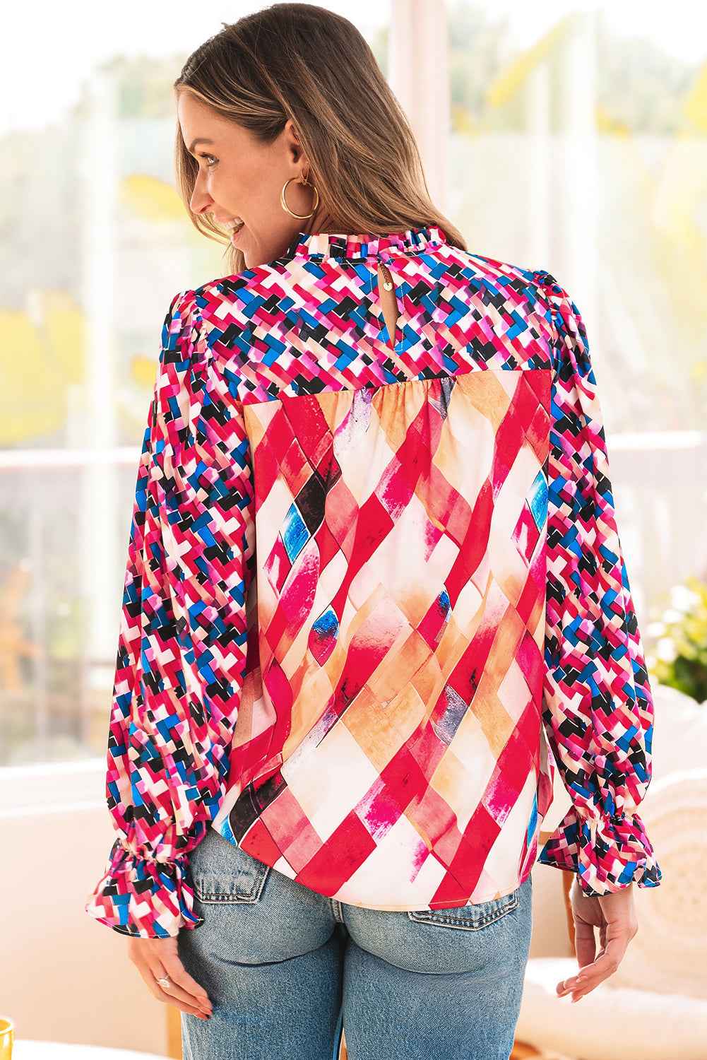 Rose Red Abstract Geometric Pattern Patchwork Puff Sleeve Blouse