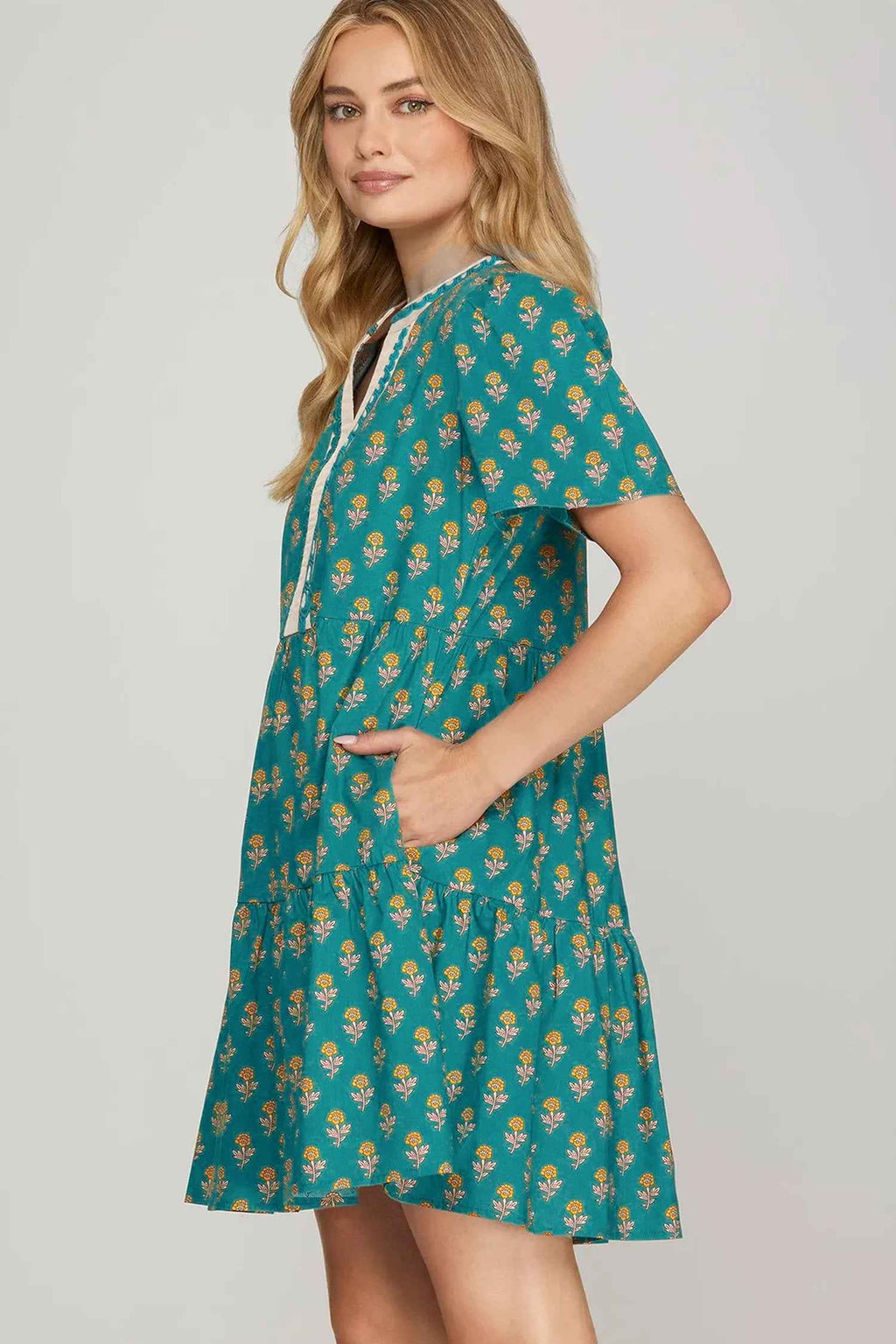 Green Contrast Trim V Neck Short Sleeve Floral Dress