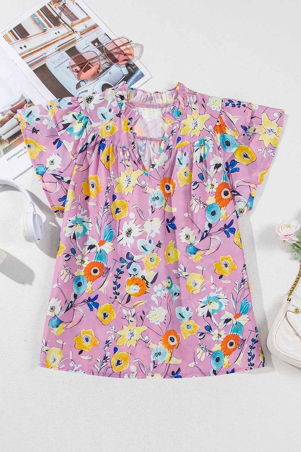 Pink Flutter Sleeve V Neck Floral Top