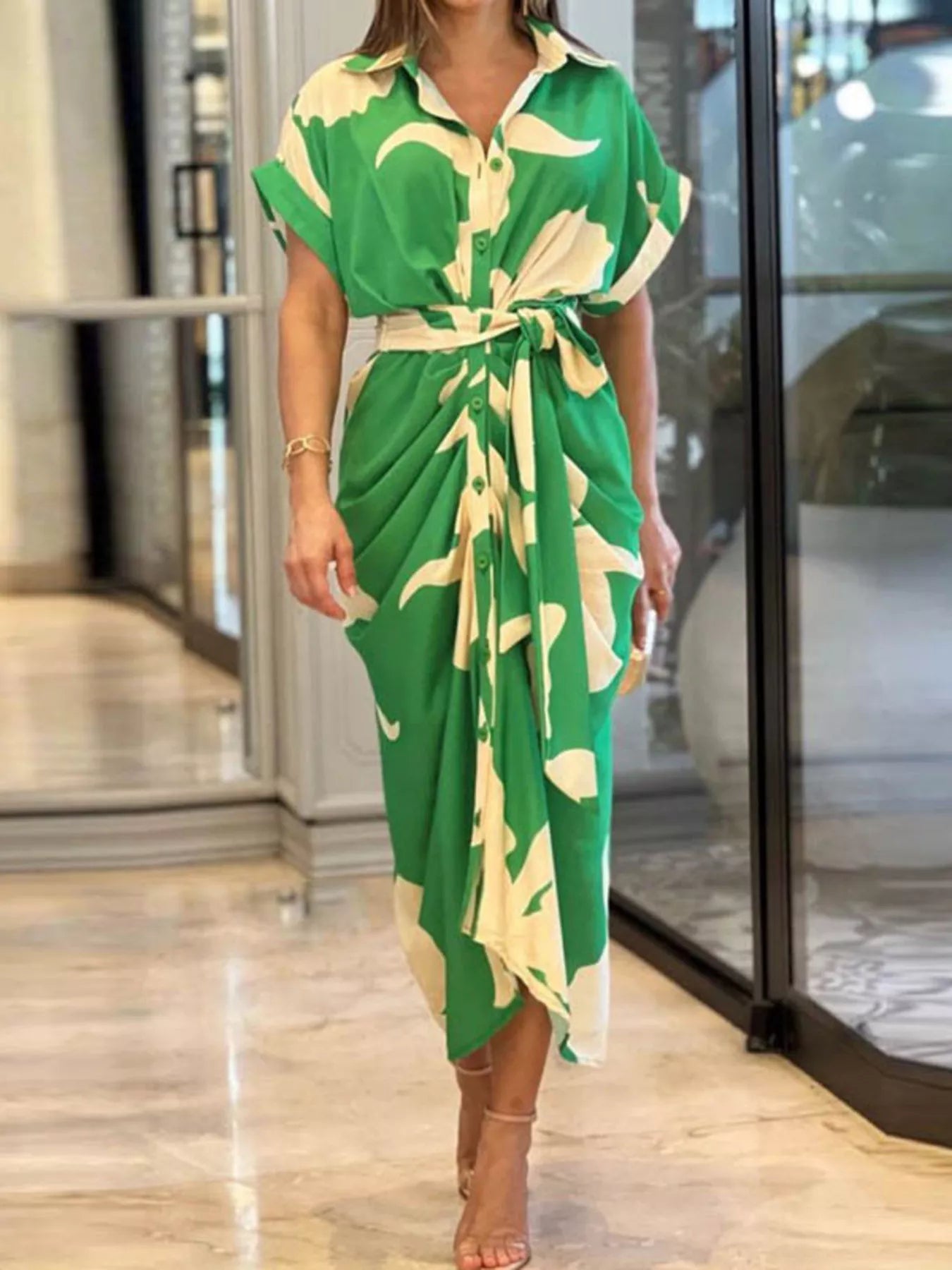 Tie Waist Short Sleeve Shirt Dress by Shopiebay