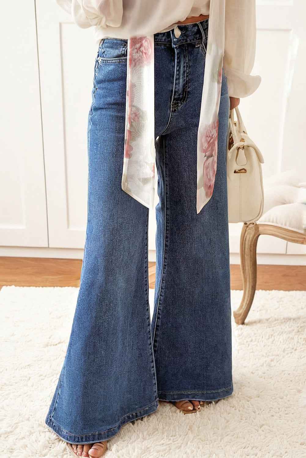 Dirty blue High Waist Button Zip Fly Bell Bottom Jeans