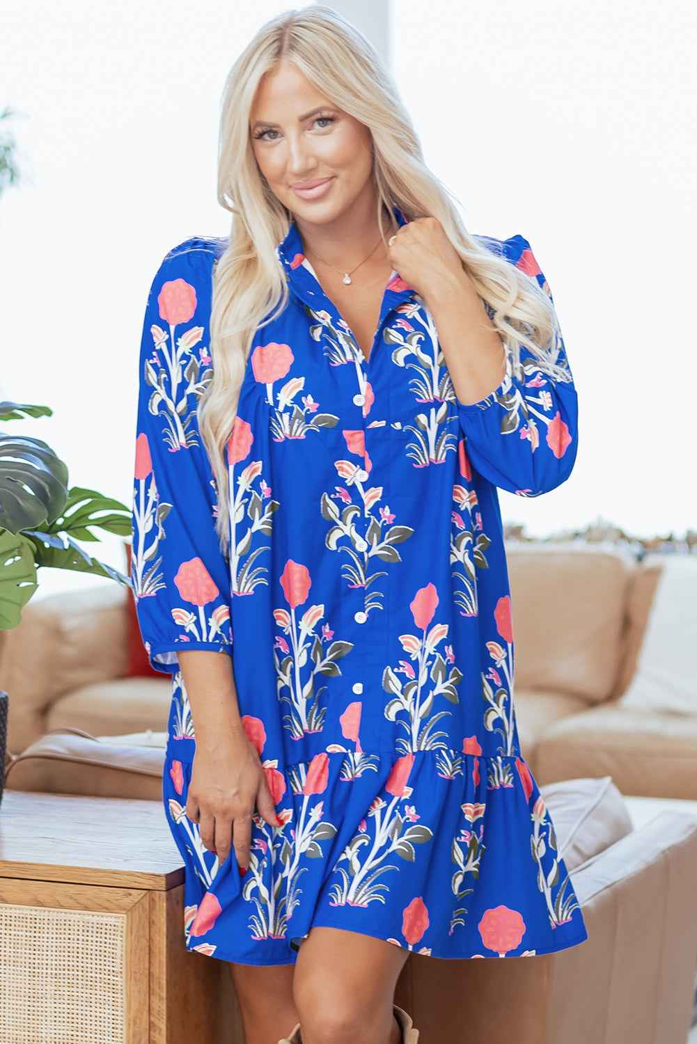 Blue Floral Print Button Detail 3/4 Puff Sleeve Ruffle Hem Dress