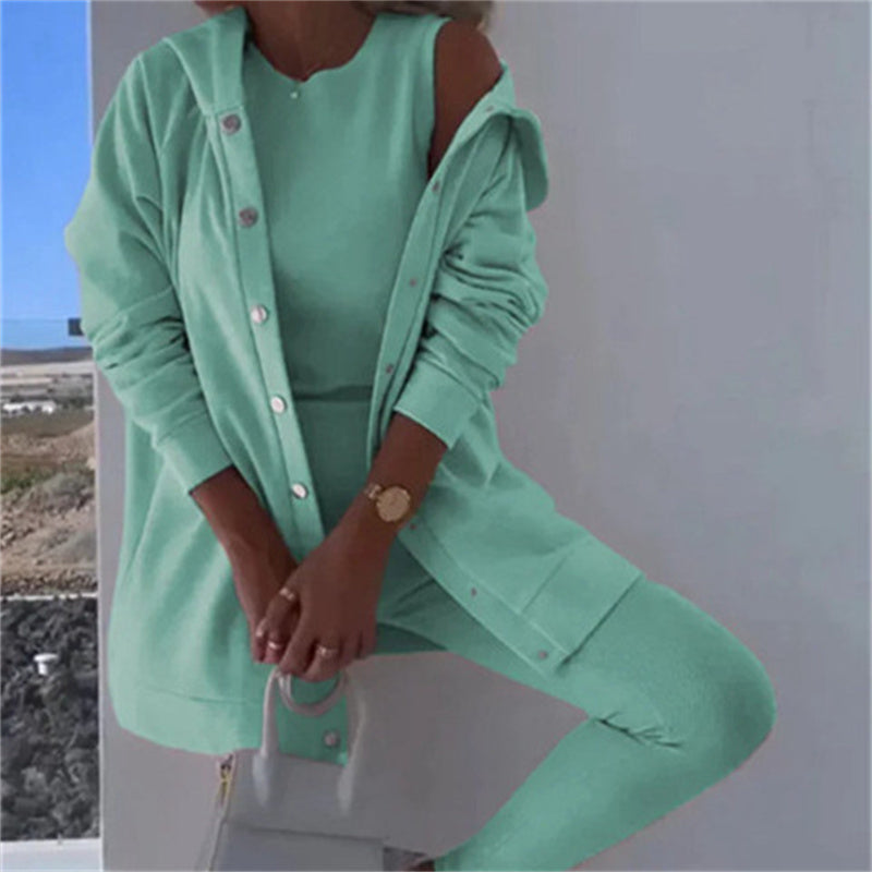 Women's Fashion Sports And Leisure Hooded Sweater Vest Pants Three-piece Set See size chart under “more details”
