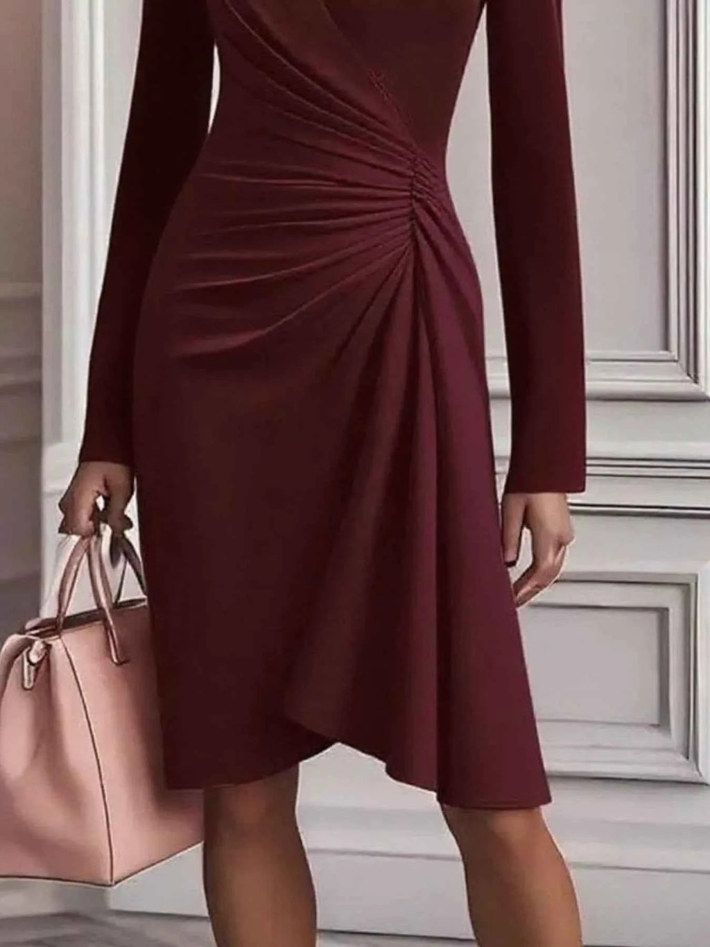 Front Ruched V-Neck Long Sleeve Dress
