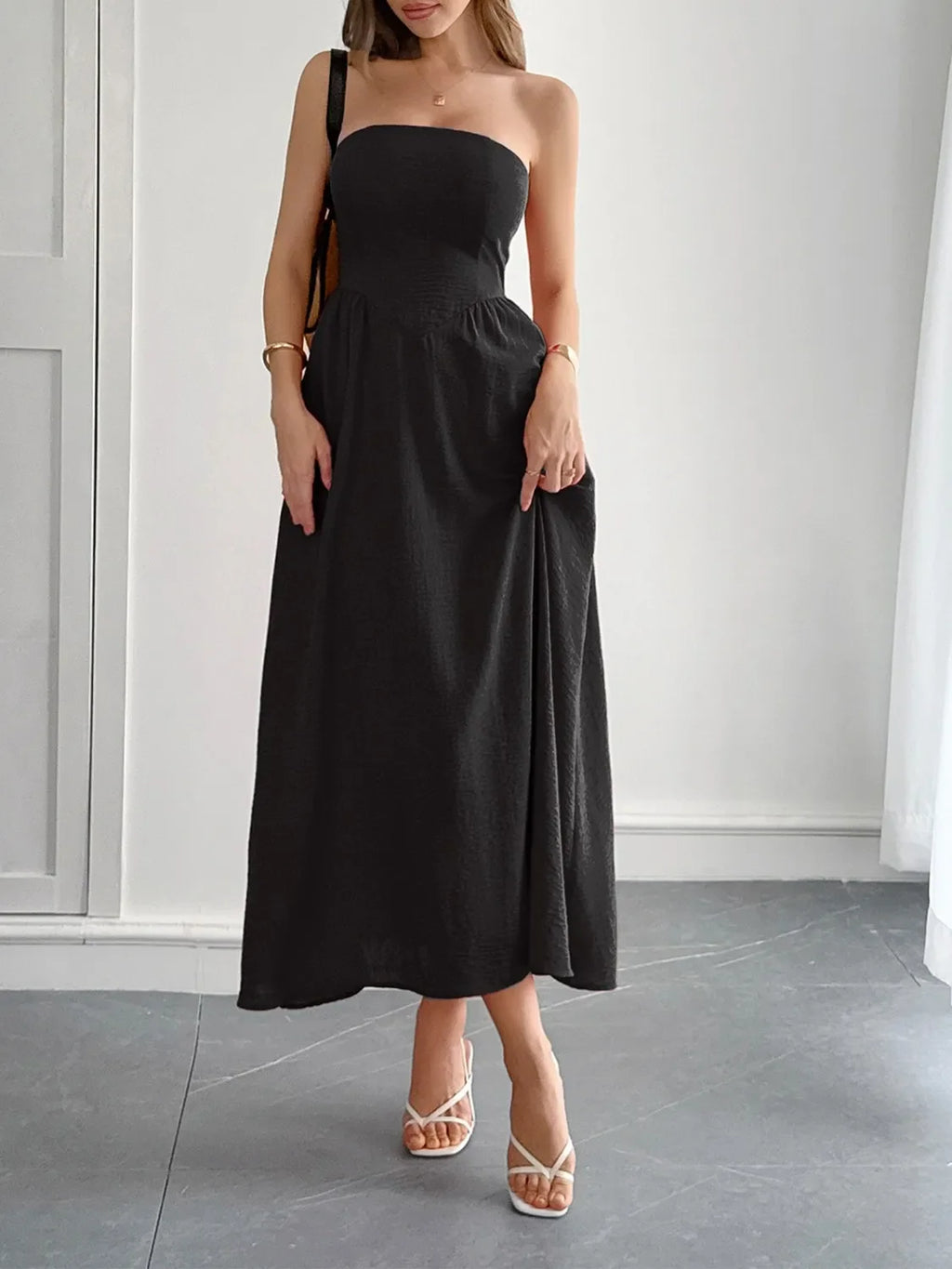 Strapless A-Line Midi Dress with Pockets by Shopiebay
